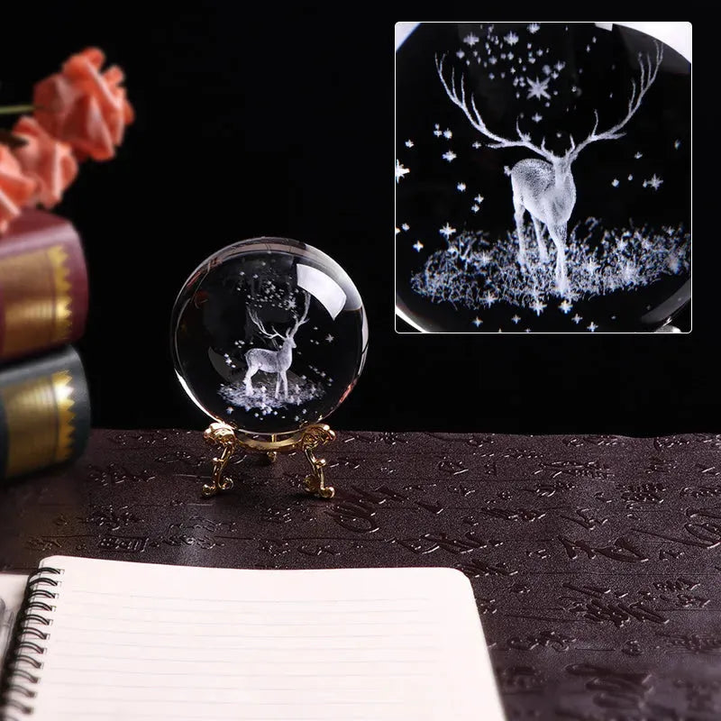 Crystal internally carved elk crystal ball - Bellarte Enchanté Crystal internally carved elk crystal ball